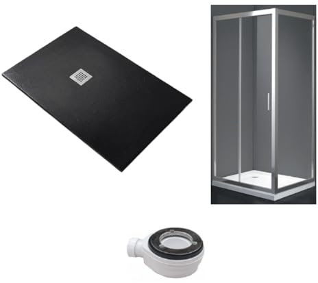 Receveur de douche 90 x 130 cm extra fin noir + cabine de douche 90 x 130 cm haut 200 cm avec un cristal fixe et ouverture avant à 2 cristaux