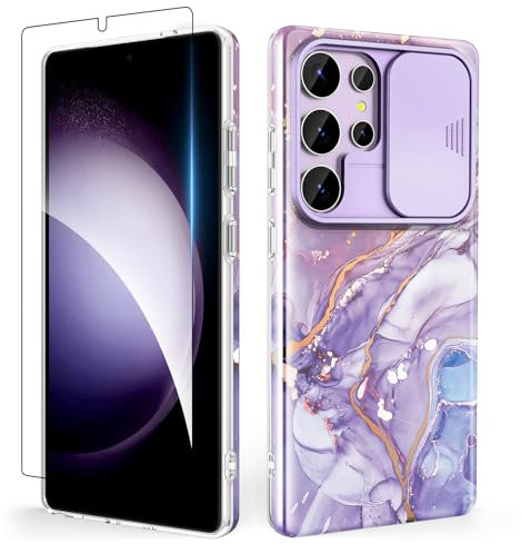 SHEDEER for Samsung S25 Ultra Case with Slide Camera Cover + Screen Protector, Samsung Galaxy S25 Ultra Case Slim Fit Lightweight, Glossy Fade-Resistant Pattern Phone Cases S25 Ultra, Purple