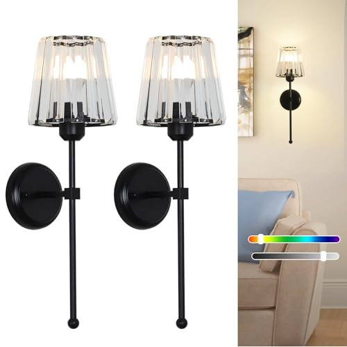 Stepeak Battery Operated Wall Lights Set of 2, Rechargeable Wall Lights Indoor with USB RGB Bulb & Remote, Black Glass Wireless Wall Light Sconce, Battery Operated Wall Lamp for Bedroom Living Room