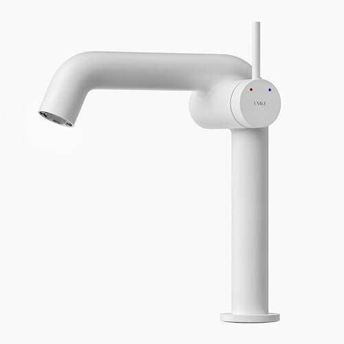 EMKE Robinet de Salle de Bain Blanc Mat, Mitigeur Monocommande en Laiton, Cartouche Céramique, 222 x 200 x 76 mm, Installation Facile, Économie d'Eau，Robinet de Lavabo