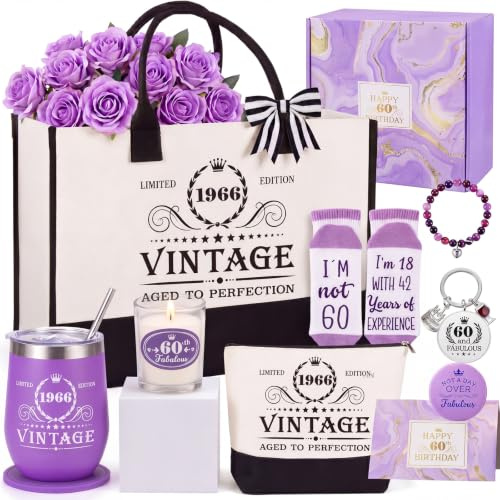Patelai 60. Geburtstag Geschenke für Frauen, Vintage 1966 Tumbler Set | Tragetasche, Kosmetiktasche, Socken, Armband, Schlüsselanhänger, Geschenkbox-Set für Mutter, Ehefrau, Oma, Schwester, Freunde
