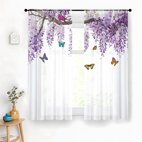 Odot Halbtransparente Vorhänge mit Stangentasche, 3D Schmetterling Muster Voile Gardinenvorhang 2 er Set Fensterschal Moderne Vorhänge Fenster für Wohnzimmer Küche (Glyzinien,130x120cm)