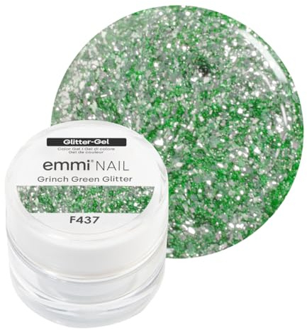 Emmi Nail Glittergel | UV/LED-Gel für funkelnde Nailart | Hohe Deckkraft, mittelviskos & selbstglättend | Kein Verlaufen in Nagelränder | 5 ml – Grinch Green Glitter