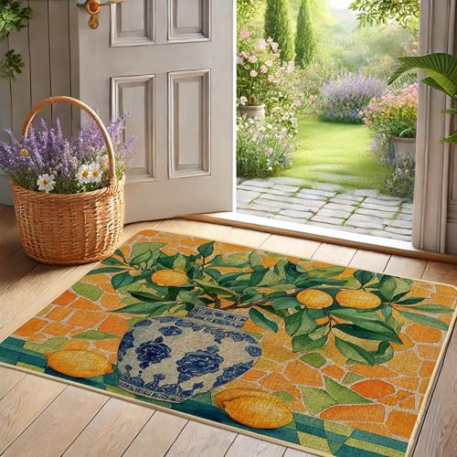 Fußmatte mit Zitrusblumen, gelbe Zitronen, Fußmatte für Außen- und Inneneingang, saisonale Dekoration, Gummi, wasserdicht, rutschfest, staubabsorbierend, leicht zu reinigen, 73 x 43 cm