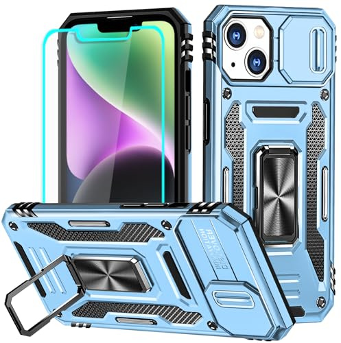 Aozuoton for iPhone 14 Plus Case with Screen Protector, 360°Military Grade Rotatable Kickstand (Heavy Duty) Shockproof Protective - Case for iPhone 14 Plus Light Blue