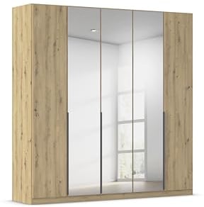 Rauch Möbel Alabama, Kleiderschrank, Garderobenschrank, 5-türig, Spiegel, Zubehör Basic, 3 Kleiderstangen, 6 Einlegeböden, Farbe Eiche Artisan, Holz, Griff Grau metallic, 226x229x54cm