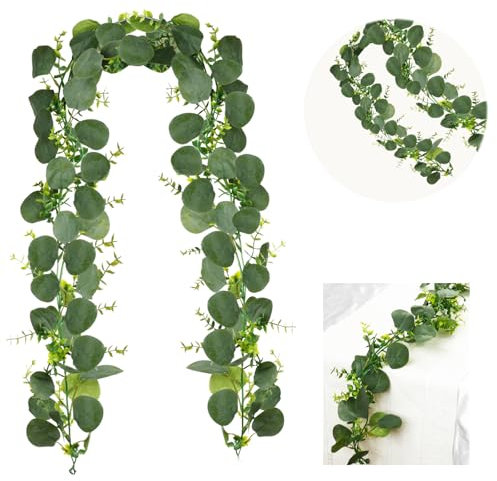 Deepton 2 Stück Eukalyptus Girlande, 1,8m eukalyptus deko, Eukalyptus Hängepflanze Künstlich mit Weiße Blumen, Pflanze Girlanden, Eukalyptusranke, für Hintergrund, Hochzeit Dekoration, Tischdeko