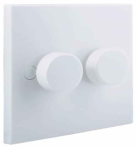 U-Trade 2 Gang 2 Way Dimmable Light Switch – 400W Max – Compatible with LED, Halogen & Incandescent Bulbs – White Square Push On/Off Dimmer (2 Gang - 2 Way)