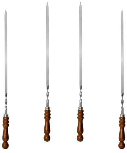 4 st. Set BBQ Edelstahlspieß mit Holzgriff 70 cm lang 1,2cm breit 3mm | Grillspieße Schaschlikspieße Barbecuespieß Extra Stark Edelstahl Schampura für Fleisch, Gemüse, Pilze, Kebab Rouladenspieße
