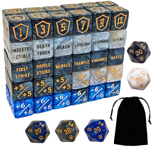 65 Stück MTG Würfel Zähler - AbilityKeyword Zähler, -1/+1 Lebenszähler, Schild Lebenszähler, D6 Würfel, Kompatibel mit MTG, Kartenspiel Zubehör (Inklusive Schwarzer Tasche)