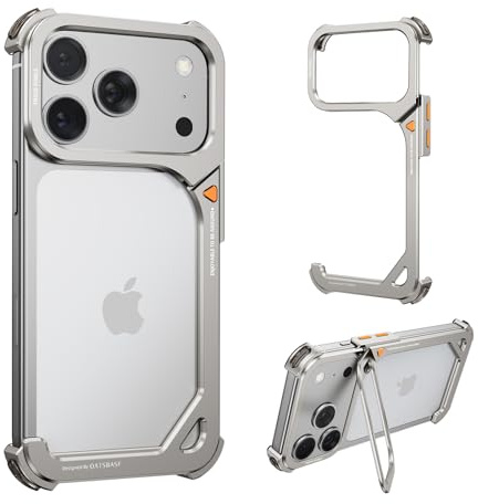 NIFBANG 9 Shape für iPhone 17 Pro Max Hülle mit Ständer,Aluminium Rahmenlose Dünn No Back Handyhülle Kompatibel mit MagSafe,4 Airbags Stoßfeste Metall Schutzhülle 17 Promax Bumper Case(Silber)