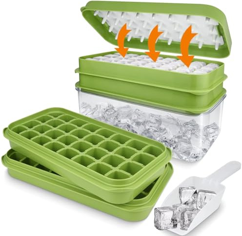 Eiswürfelform Silikon mit Deckel und Behälter, 64 Stück Eiswürfelbehälter BPA-frei, Leicht zu Entnehmen, Doppelschicht, Eiswürfelform Groß für Getränke, Whiskey, Smoothies, Küche, Bar, Picknick(Grün)