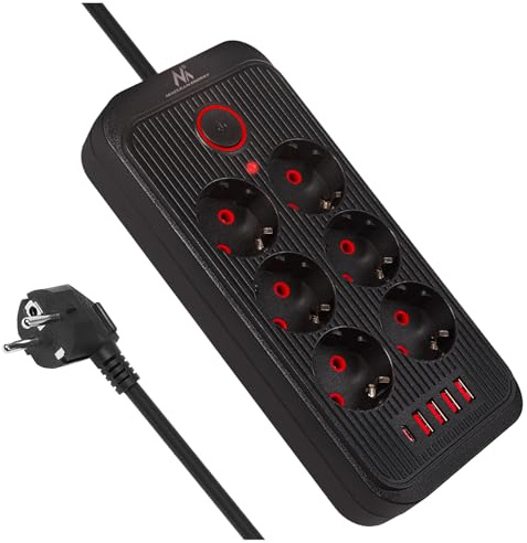 Maclean MCE389/391 Steckdosenleiste | 6 Anschlüsse 4xUSB 1xUSB-C 2500W | Schreibtisch-Verlängerungskabel mit Schalter | 45°-Anschlüsse | Wandmontage (Schwarz, 3m)