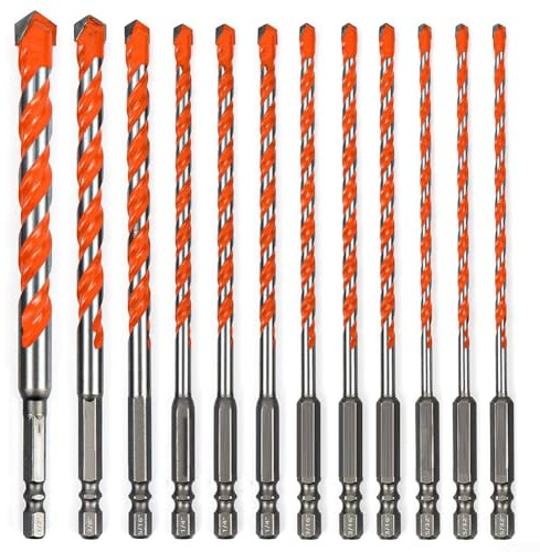 Hartmetall-Steinbohrer-Set, Hartmetall-Steinbohrer-Set mit 1/4-Zoll-Sechskant, 12-teilig, effizientes Bohren für Beton, Ziegel, Glas, Fliesen, Edelstahl