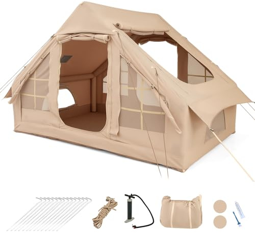 COSTWAY Inflatable Camping Tent, Waterproof 4-Season Blow-up Air Tent with Pump, Mesh Screen Windows and 2 Doors, Easy Setup 4-6 People Windproof Luxury Cabin Tents for Family