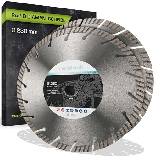 2 dischi diamantati Turbo da 230 mm per granito, cemento, pietra, cemento armato e molto altro ancora, disco da taglio diamantato con massima potenza di taglio | utensili diamantati rendech
