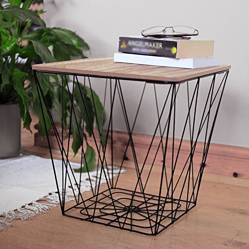 Retro Black Metal Wire Square Wood Top Storage Side Table Basket Home Furniture