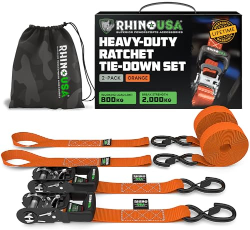 Rhino USA Kit Cinghie a Cricchetto Heavy Duty (2 Pezzi) - 4cm x 2,4m (2000 kg di resistenza alla rottura) - Cinghie di Fissaggio Ultimate Ganci di Sicurezza Camion, ATV, UTV, Moto, Carico - Arancione