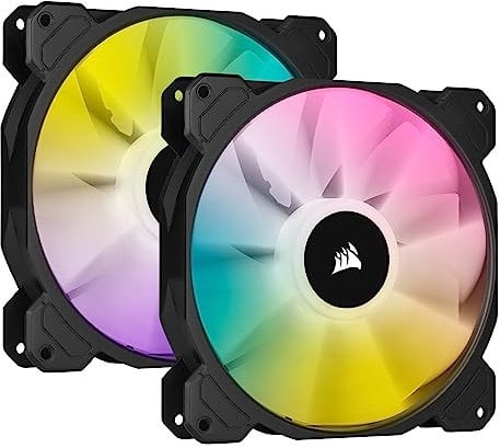 Corsair iCUE SP140 RGB ELITE Performance 140 mm PWM Dual Fan Kit with iCUE Lighting Node CORE (CORSAIR AirGuide Technology, Eight Addressable RGB LEDs, Low-Noise 18 dBA, Up to 1,200 RPM) Black
