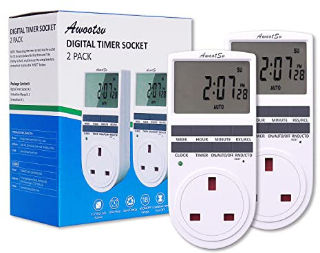 Awootsv Digital Timer Socket with Countdown Function LCD Display 24 Hours/Weekly Indoor Plug in Electrical Timer for Lights and Home Appliances (2 Pack)