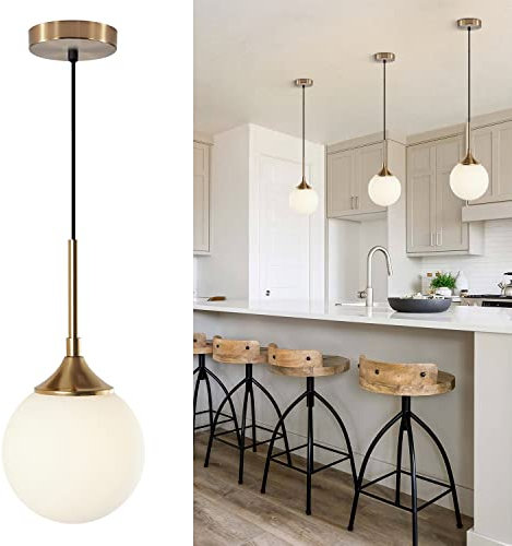 KCO Lighting Lustre moderne en verre du milieu du siècle à 1 lumière - Grand lustre doré - Laiton brossé - Plafonnier réglable à suspendre (blanc)