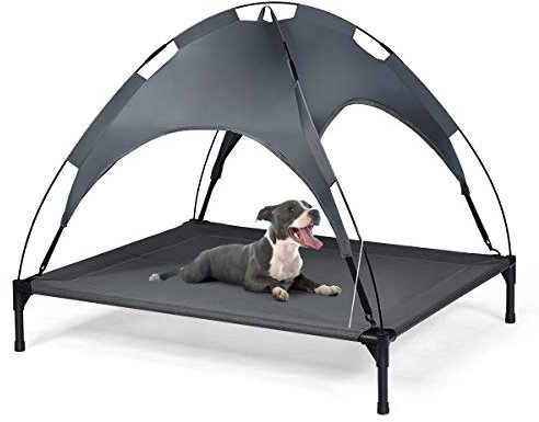 COSTWAY Lit pour Chien Surélevé avec Auvent Amovible, Lit de Camp pour Chien en Tesline Cadre en Acier, Niche Tente Chien Exterieur Idéal pour Jardin, Plage, Pelouse(105 x 87 x 89cm)