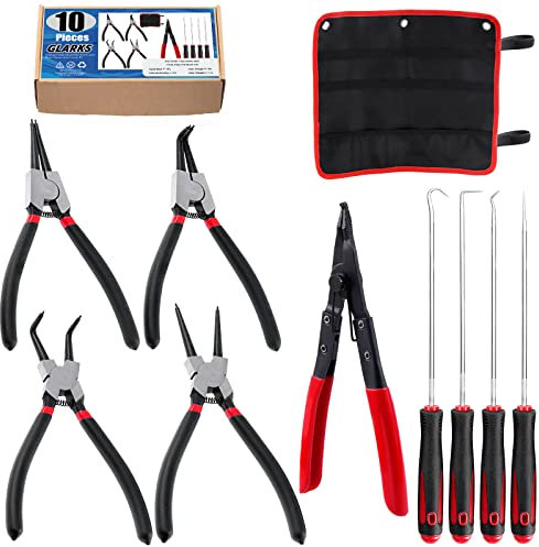 Glarks 10Pcs Snap Ring Pliers Set including 4Pcs 7 Inch Internal/External Circlip Pliers Snap Ring Pliers with 4Pcs Hooks and Pick Set and 9 Inch Lock Ring Horseshoe Washer Pliers with 1Pc Storage Bag