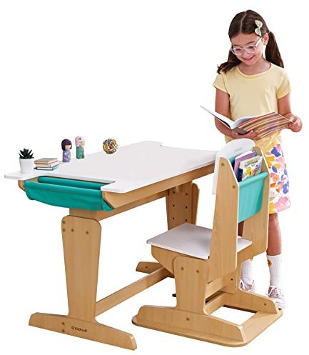 KidKraft Grow Together Pocket Höhenverstellbarer Schreibtisch mit Stuhl aus Holz für Kinder, Holztisch mit Schreibtischstuhl mit Stauraum, Kinderzimmer Möbel, 20307