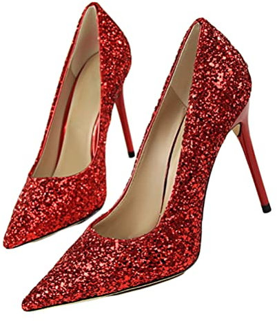 Onsoyours Damen High Heel Pailletten Pumpe Sexy Spitz Stilett Schuhe Einfachheit Elegant Büro Bankett Formelle Anlässe Pumps Rot 35 EU
