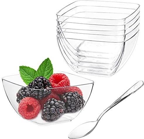 TOFLEN 100ct 2 oz Mini Dessert Cups with Spoons, Clear Plastic Reusable Small Party Serving Cups for Appetizers, Hors D'oeuvres Plates