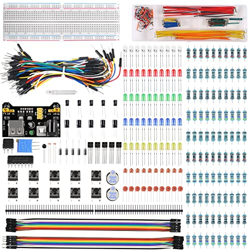 480pcs 37 Values Electronics Component Fun Kit with Power Supply Module, Jumper Wire, 830 tie-Points Breadboard, Precision Potentiometer, Resistor Compatible with Arduino, Raspberry Pi, STM32