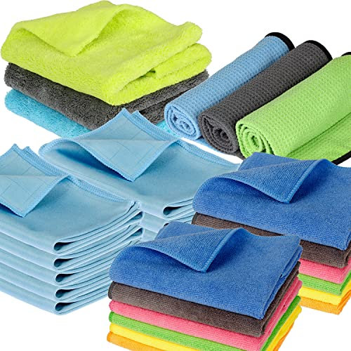 28 Teile Set - Mikrofaser Mikrofasertücher - Pflege Putz Reinigungs Tücher - Poliertuch Glastuch für Lack, Glas, Spiegel, Handtuch, Amatur und Felgen - reinigungzubehör