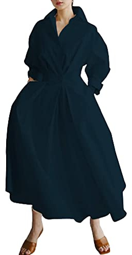 Women Maxi Shirt Dress Long Sleeve Button Smocked Waist Long Dress Loose Swing Party Dress with Pockets