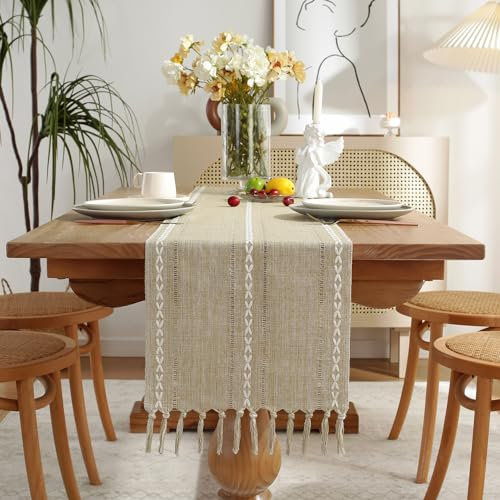 Wracra Camino de Mesa de Algodón con Tejido Calado, Estilo Campesino Camino de Mesa de 230cm de Largo con Borlas para Decoración de Mesas de Comedor, Cocina y Postres (Amarillo Almendra, 230cm)