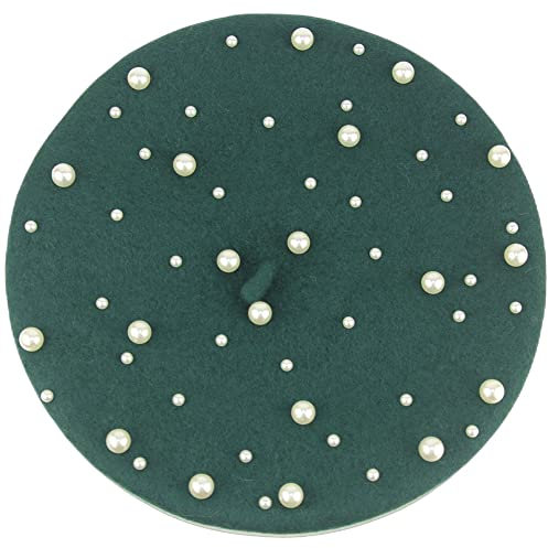 MINAKOLIFE Damen Baskenmütze, 100 % Wolle, französische Künstler, mit Perle, Grün , 56-58 cm