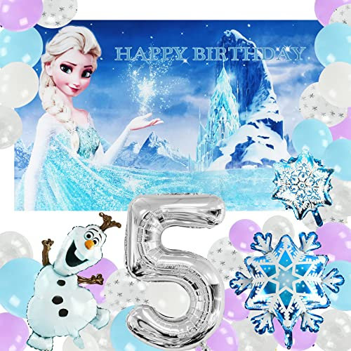 Geburtstagsparty Deko Geburtstagsdeko 47 Stück - Hintergrund Geburtstag, Schneeflocken Folienballons, Folienballon 5, Blau Lila Weißer Schneeflocken Konfetti Ballons