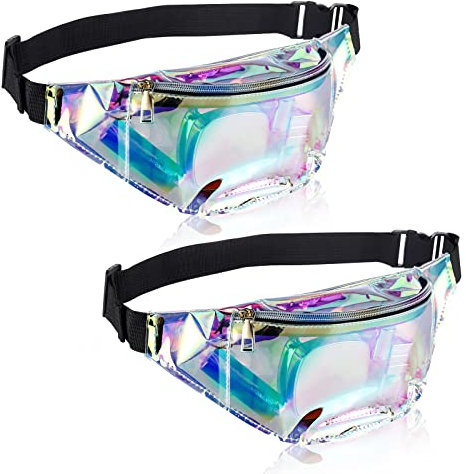 2 Stück 80er 90er Bauchtasche Mode Party Wasserdicht Gürteltasche Laser Transparent Damen Bauchtasche Verstellbarer Durchsichtig Hüfttasche für Konzert Holografischer Rave Schwarz