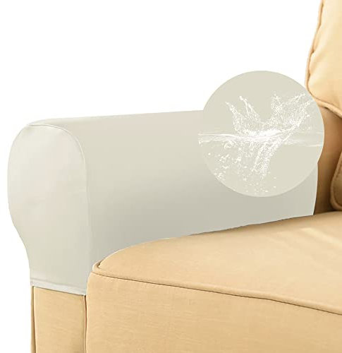 Treer 2 Stück PU-Leder Elastische Sofa Armlehnenbezüge Couch Armlehnenschoner, Wasserfest rutschfest Stretch Sesselbezug Sesselschoner Armkappen für Stühle Sofas Sessel Möbelschutz (Weiß)