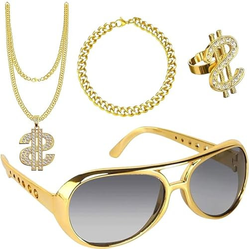 4 Stück Dollar Kette Set, Dollar Zeichen Halskette Ringe Sonnenbrille Goldkette Set, Hip Hop Kostüm Set, Fasching Accessoires, Hiphop Schmuck für 80s/90s Herren Fasching Karneval Party
