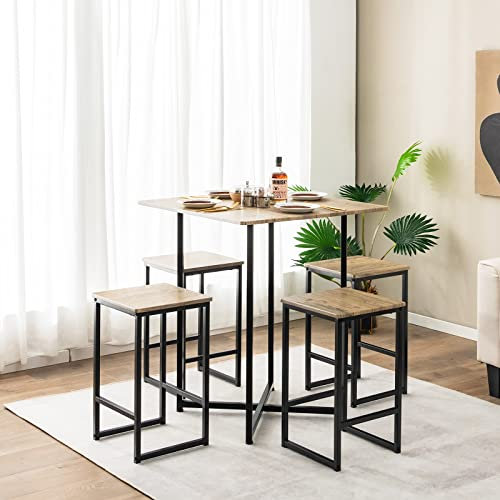 GIANTEX Bartisch Set 5-teilig, kleine Essgruppe Esstisch mit 4 Hockern, Esszimmergruppe Kleiner Küchentisch Set für 4 Personen, Esszimmer Tisch Bistrotisch Set Sitzgruppe, Küchenbar Sitzgruppe Holz