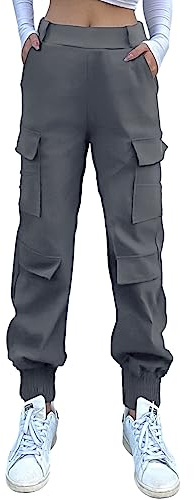 Nuofengkudu Donna Harem Cargo Pantaloni Elastico Vita Alta alla Caviglia Elasticizzati 4 Tasconi Lavoro Pantalone Tasche Laterali Jogging Pants Teenager Sportivi Vintage Classici Casual Grigio S