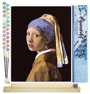Figured'Art Peinture par Numéro Adulte Vermeer La Jeune Fille à la Perle - Activité Manuelle Kit de Loisir Créatif DIY Numéro d'Art Complet - 40x50cm avec châssis en bois à monter