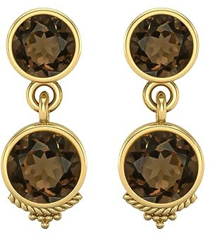 6mm runde Form Rauchquarz-925 Sterling Silber Doppelstein Tropfen Baumeln Damen Ohrringe Böhmischer Schmuck, Gold Vermeil