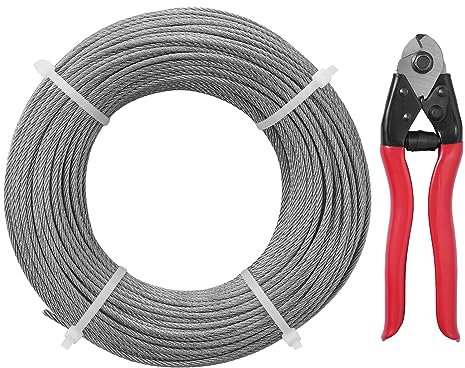 VEVOR Cable de Acero Inoxidable 91,5 m Diámetro de 3,18 mm Cable de Suspensión 7x7 hilos Resistencia a la Rotura 626 kg con Cortacables para Barandillas de Escaleras Tendedero Colgar Luces de Hadas