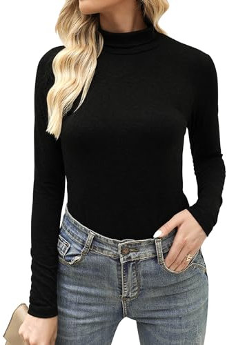 Aottori Langarmshirt Damen Baumwolle Unterwäsche Elegant Rollkragenshirt Stretch Basic Top Thermooberteile Tunika T-Shirt Sexy Frühling Schwarz XXL