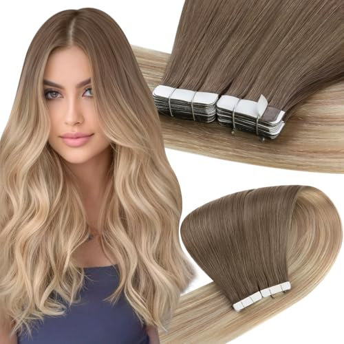 Easyouth Tape in Extensions Echthaar Remy Tape in Haar Extensions Echthaar Farbe Ash Brown Mix Platinum Blonde und Ash Blonde 30 cm 30g Tape Extensions Echthaar Balayage #8/60/18