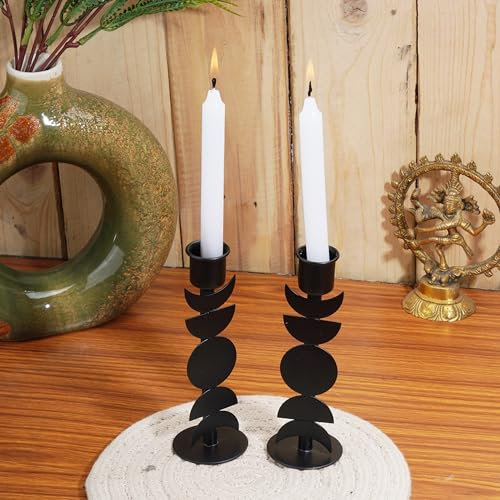 Ajuny Kerzenständer aus schwarzem Eisen, Mond-Design, hoher Kerzenständer, Vintage-Kerzenständer für Zuhause, Esstisch, Kamin, Hochzeitstag, Party-Dekoration, 2er-Set