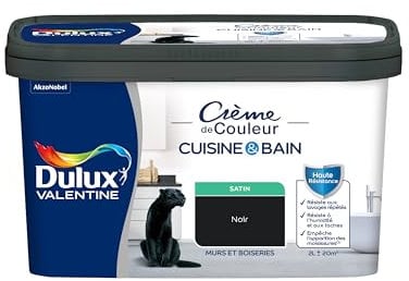 Dulux Valentine Peinture Intérieure Crème de Couleur Cuisine et Salle de Bain - Pièces Humides Murs et Boiseries - Résistant aux taches et à l'humidité - Satin Noir 2 L