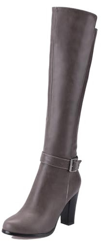 Joliss Donna High Tacco a Blocco Knee Stivali con Fibbia Punta Rotonda Zip Stivali Alti Casuale Moda Stivali Alti Grigio Numero 38 EU/39Cn