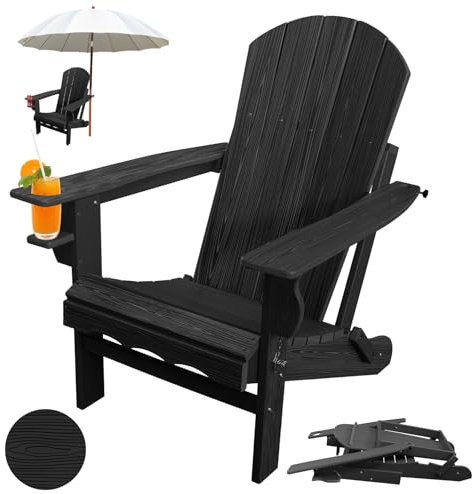 CLOUDEEP Sedia pieghevole Adirondack, struttura in legno realistico, non sbiadisce, adatta a tutte le condizioni atmosferiche, per esterni, con portabicchieri, per veranda, terrazza, bordo piscina